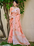 Sangam Prints Peach Linen Woven Work Traditional Saree | Grocsy