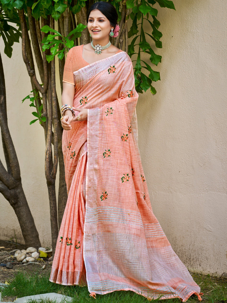 Sangam Prints Peach Linen Woven Work Traditional Saree | Grocsy