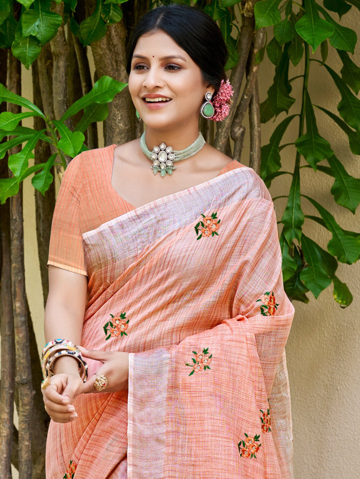 Sangam Prints Peach Linen Woven Work Traditional Saree | Grocsy