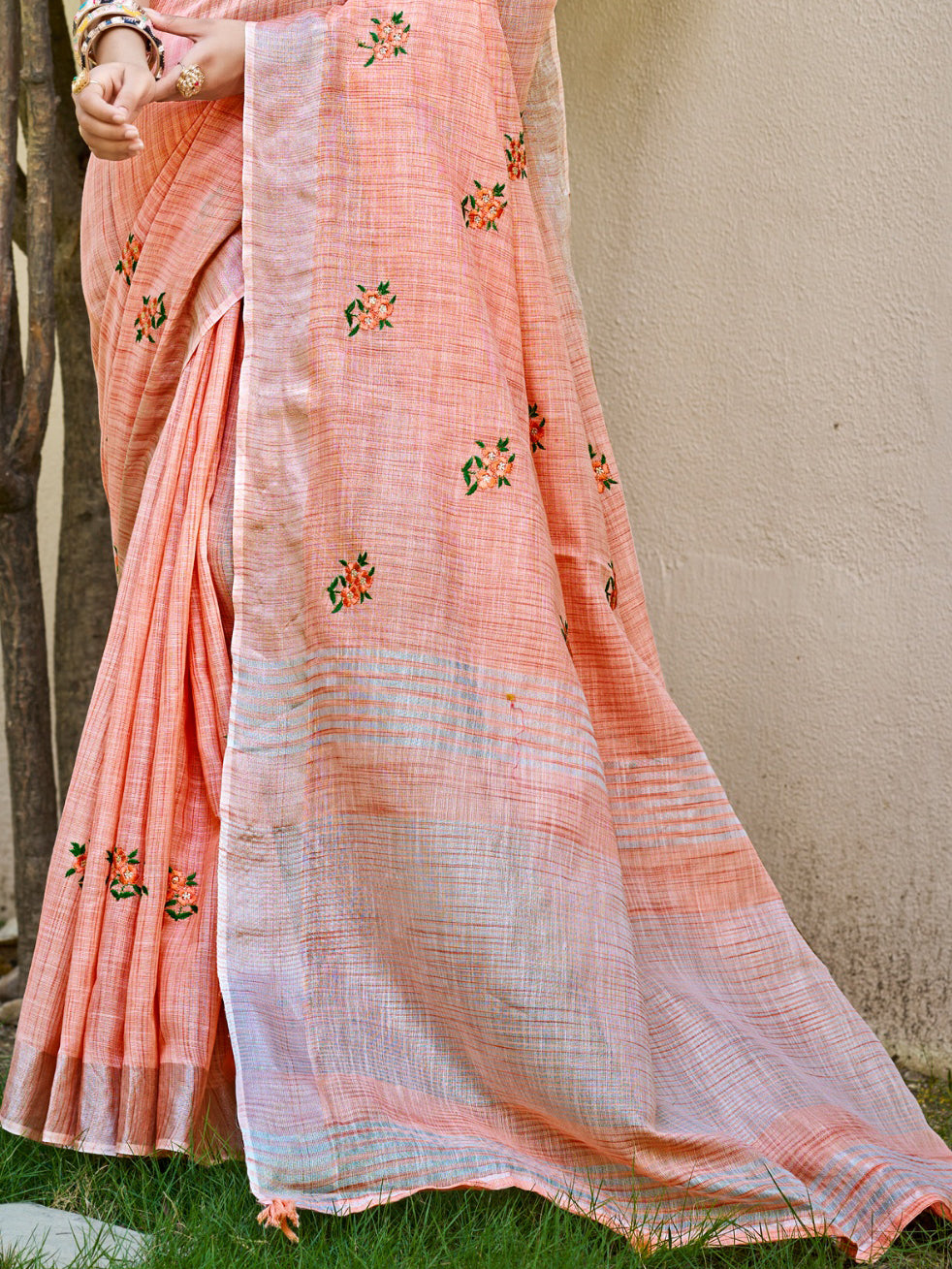 Sangam Prints Peach Linen Woven Work Traditional Saree | Grocsy