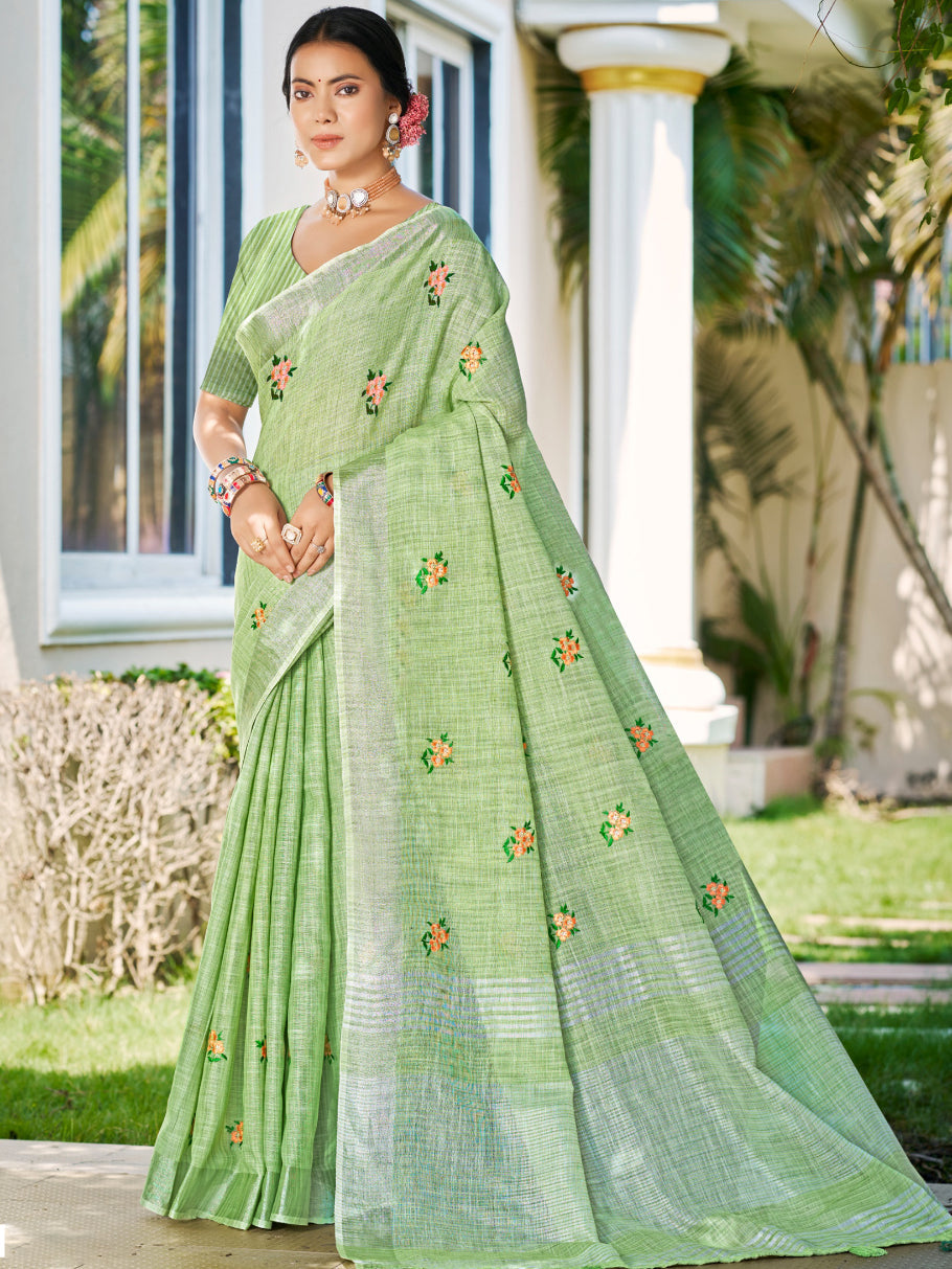 Sangam Prints Olive Green Linen Woven Work Traditional Saree | Grocsy