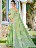 Sangam Prints Olive Green Linen Woven Work Traditional Saree | Grocsy