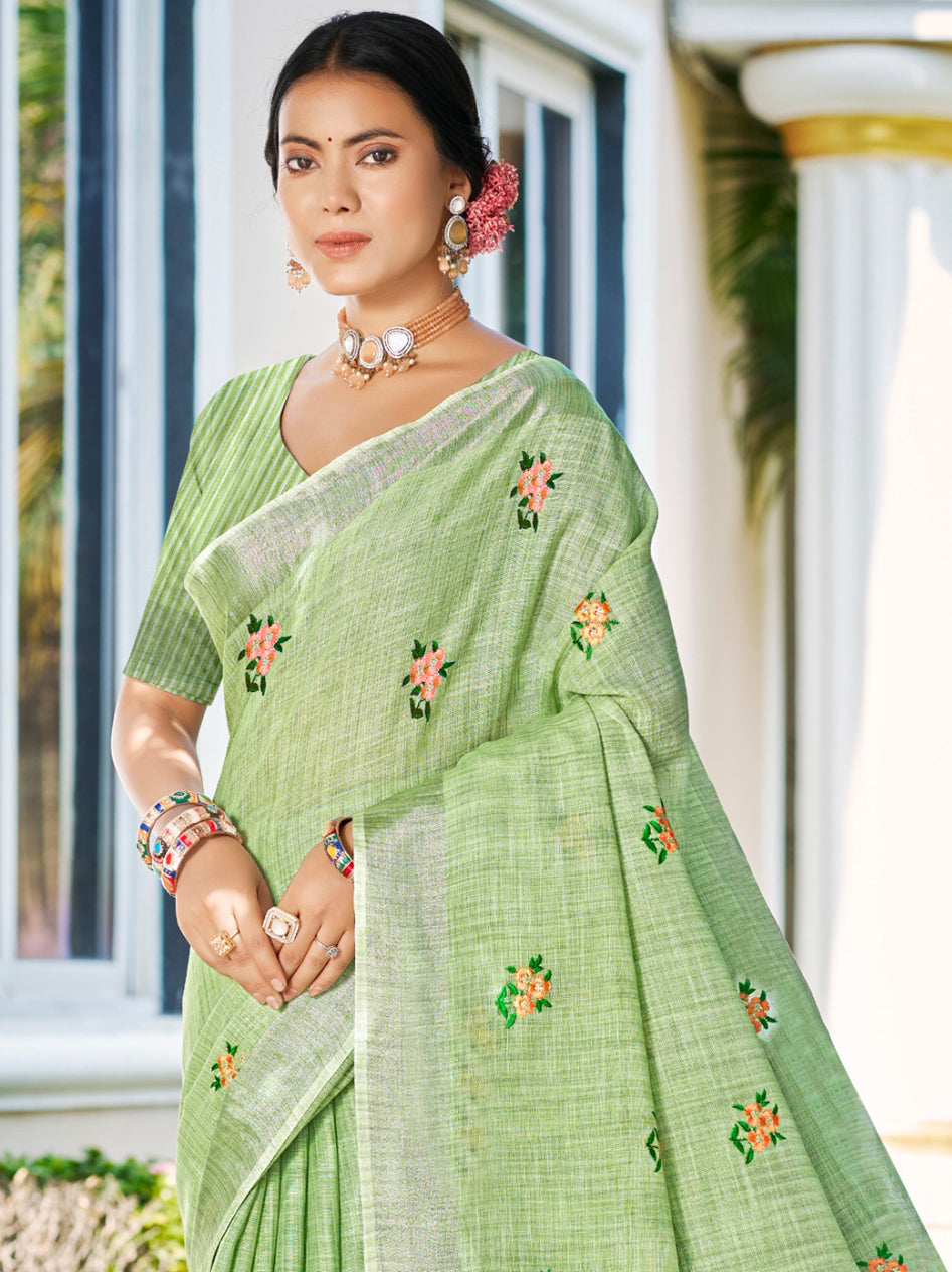 Sangam Prints Olive Green Linen Woven Work Traditional Saree | Grocsy