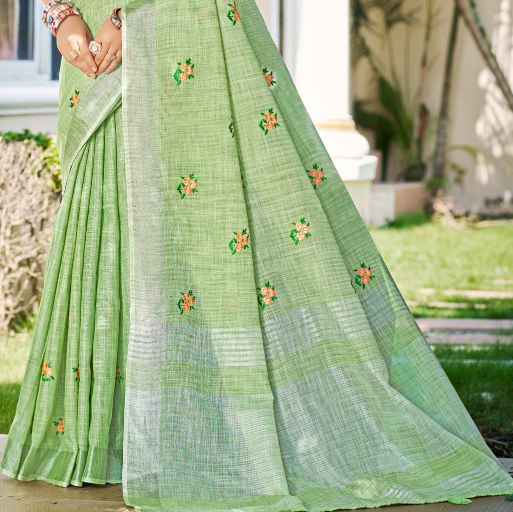 Sangam Prints Olive Green Linen Woven Work Traditional Saree | Grocsy