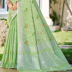 Sangam Prints Olive Green Linen Woven Work Traditional Saree | Grocsy