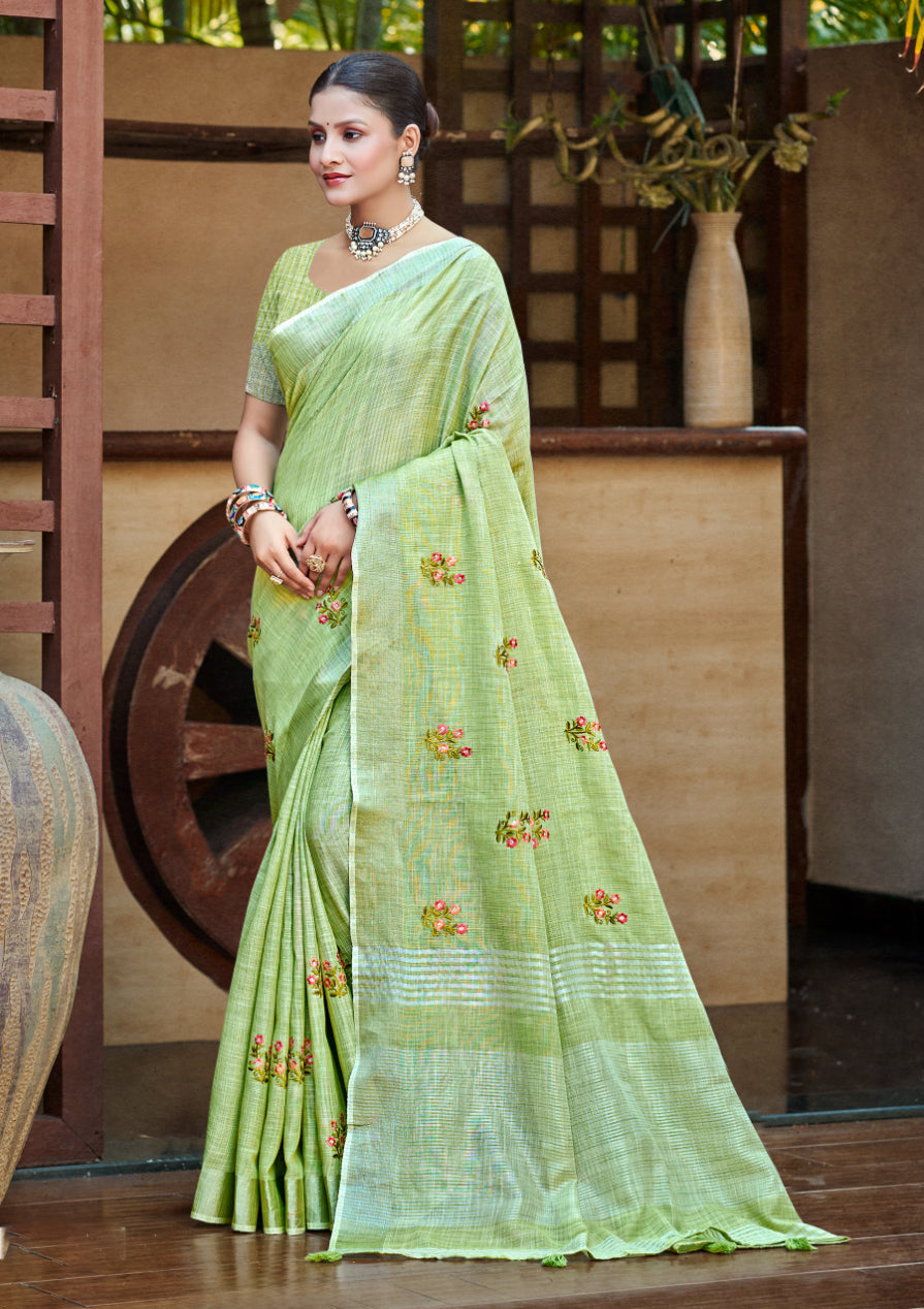 Sangam Prints Olive Green Linen Woven Work Traditional Saree | Grocsy