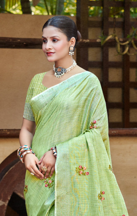Sangam Prints Olive Green Linen Woven Work Traditional Saree | Grocsy