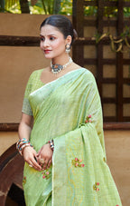 Sangam Prints Olive Green Linen Woven Work Traditional Saree | Grocsy