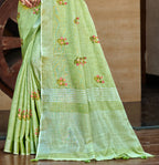 Sangam Prints Olive Green Linen Woven Work Traditional Saree | Grocsy