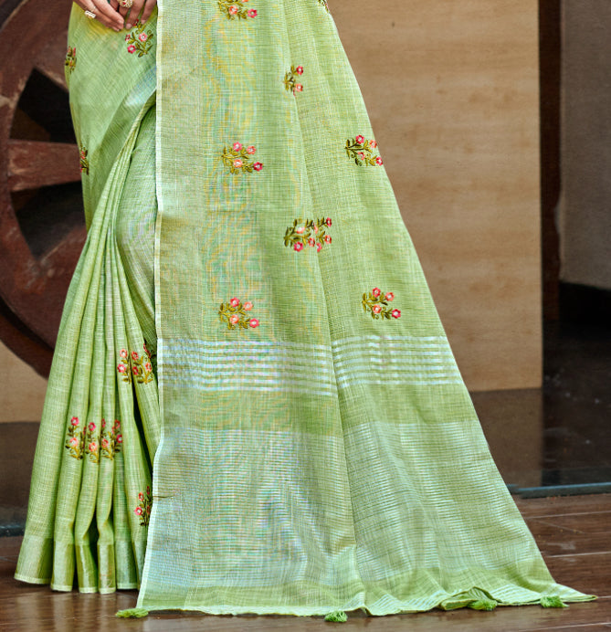 Sangam Prints Olive Green Linen Woven Work Traditional Saree | Grocsy