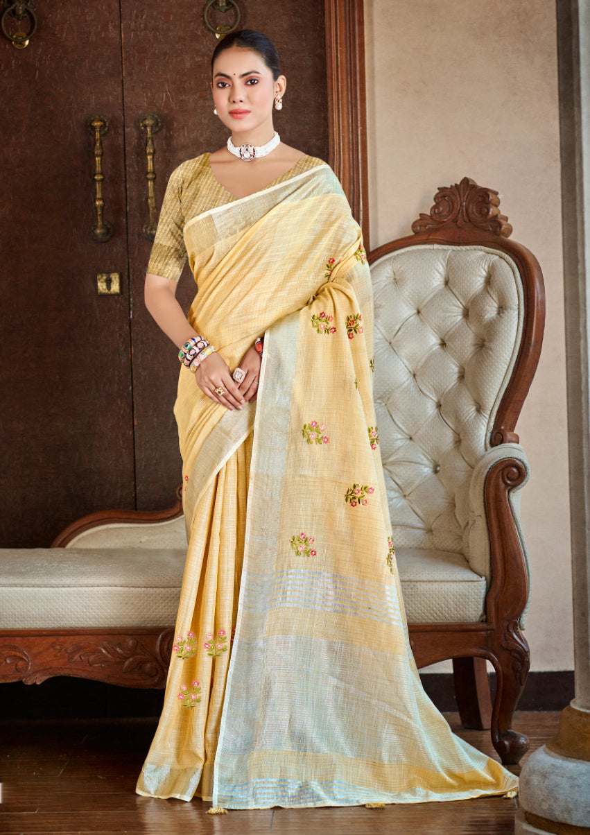 Sangam Prints Mustard Linen Woven Work Traditional Saree | Grocsy