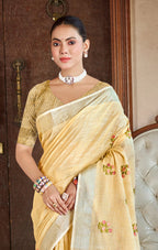 Sangam Prints Mustard Linen Woven Work Traditional Saree | Grocsy