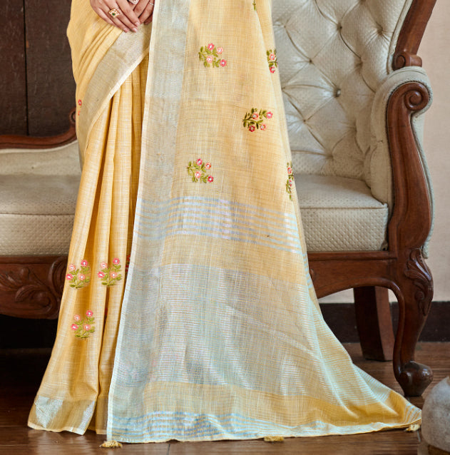 Sangam Prints Mustard Linen Woven Work Traditional Saree | Grocsy