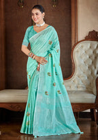 Sangam Prints Sea Green Linen Woven Work Traditional Saree | Grocsy