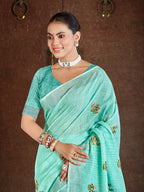 Sangam Prints Sea Green Linen Woven Work Traditional Saree | Grocsy