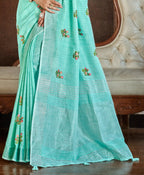 Sangam Prints Sea Green Linen Woven Work Traditional Saree | Grocsy