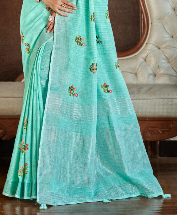 Sangam Prints Sea Green Linen Woven Work Traditional Saree | Grocsy