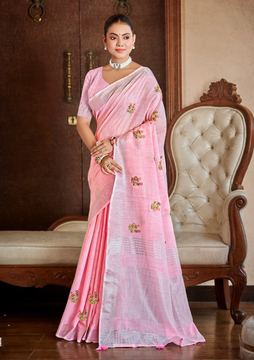 Sangam Prints Pink Linen Woven Work Traditional Saree | Grocsy