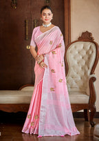 Sangam Prints Pink Linen Woven Work Traditional Saree | Grocsy