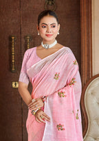 Sangam Prints Pink Linen Woven Work Traditional Saree | Grocsy