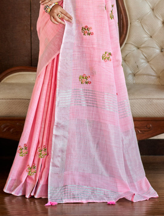 Sangam Prints Pink Linen Woven Work Traditional Saree | Grocsy