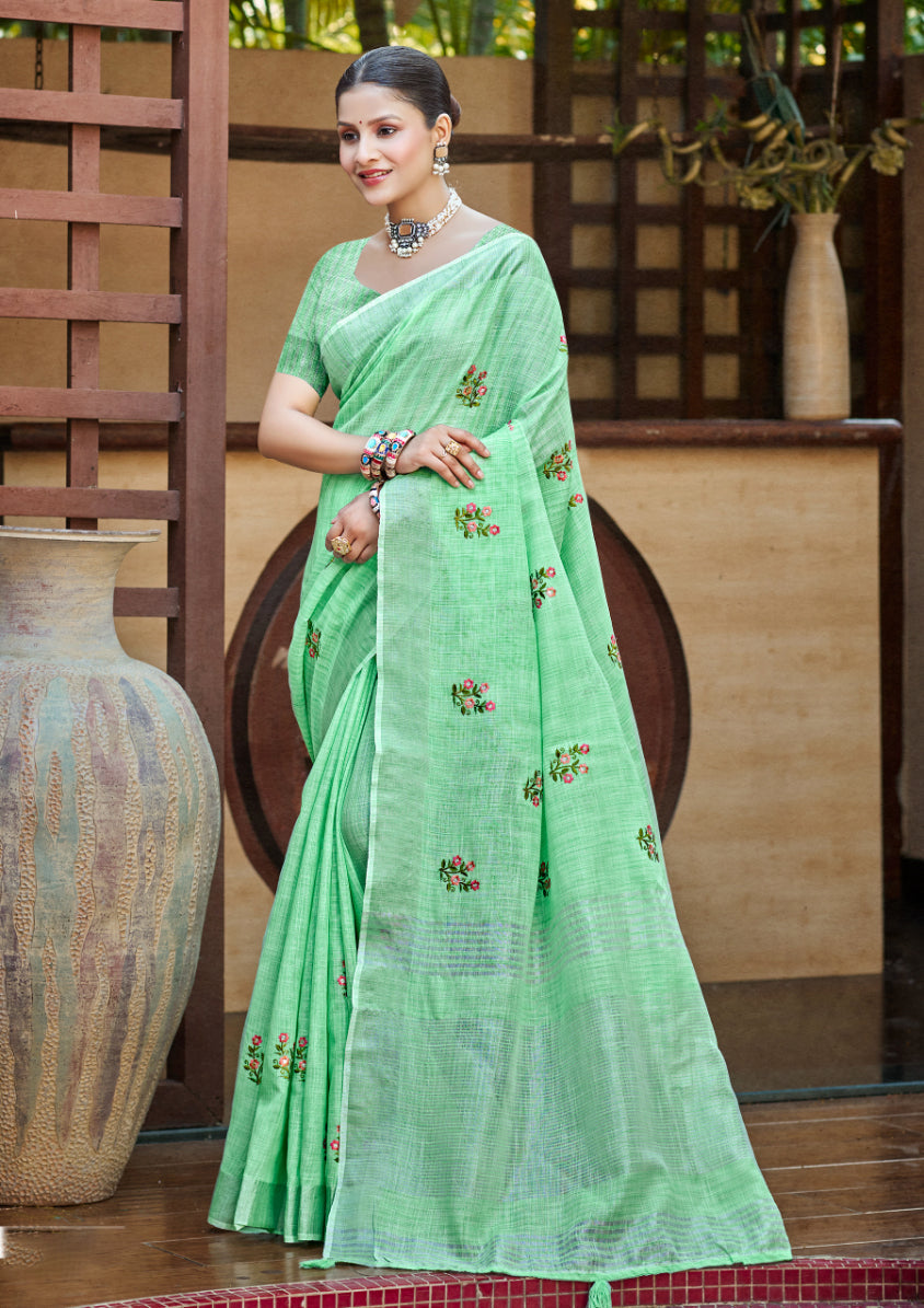 Sangam Prints Bottle Green Linen Woven Work Traditional Saree | Grocsy
