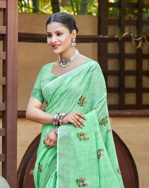 Sangam Prints Bottle Green Linen Woven Work Traditional Saree | Grocsy