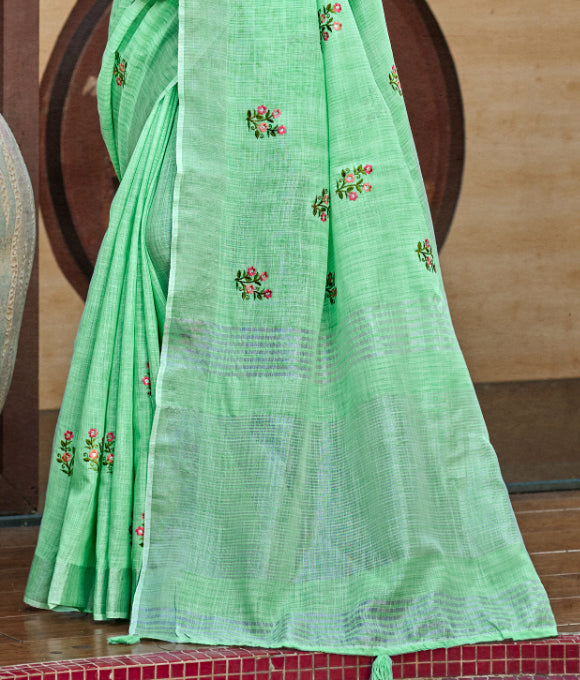 Sangam Prints Bottle Green Linen Woven Work Traditional Saree | Grocsy