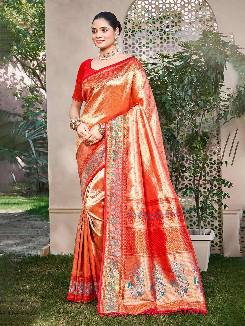 Sangam Prints Orange Kanjivaram Silk Woven Work Traditional Saree | Grocsy