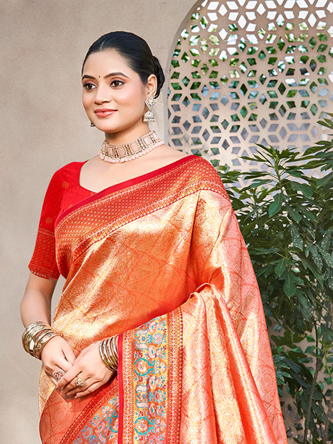 Sangam Prints Orange Kanjivaram Silk Woven Work Traditional Saree | Grocsy