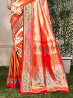 Sangam Prints Orange Kanjivaram Silk Woven Work Traditional Saree | Grocsy