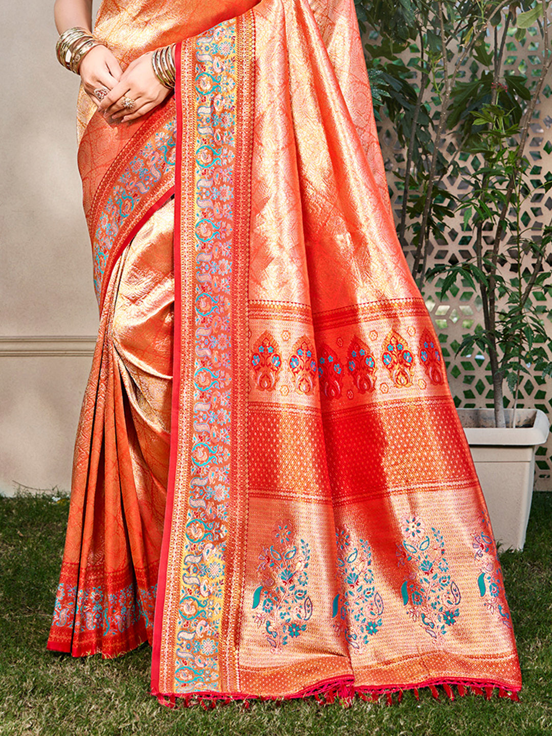 Sangam Prints Orange Kanjivaram Silk Woven Work Traditional Saree | Grocsy
