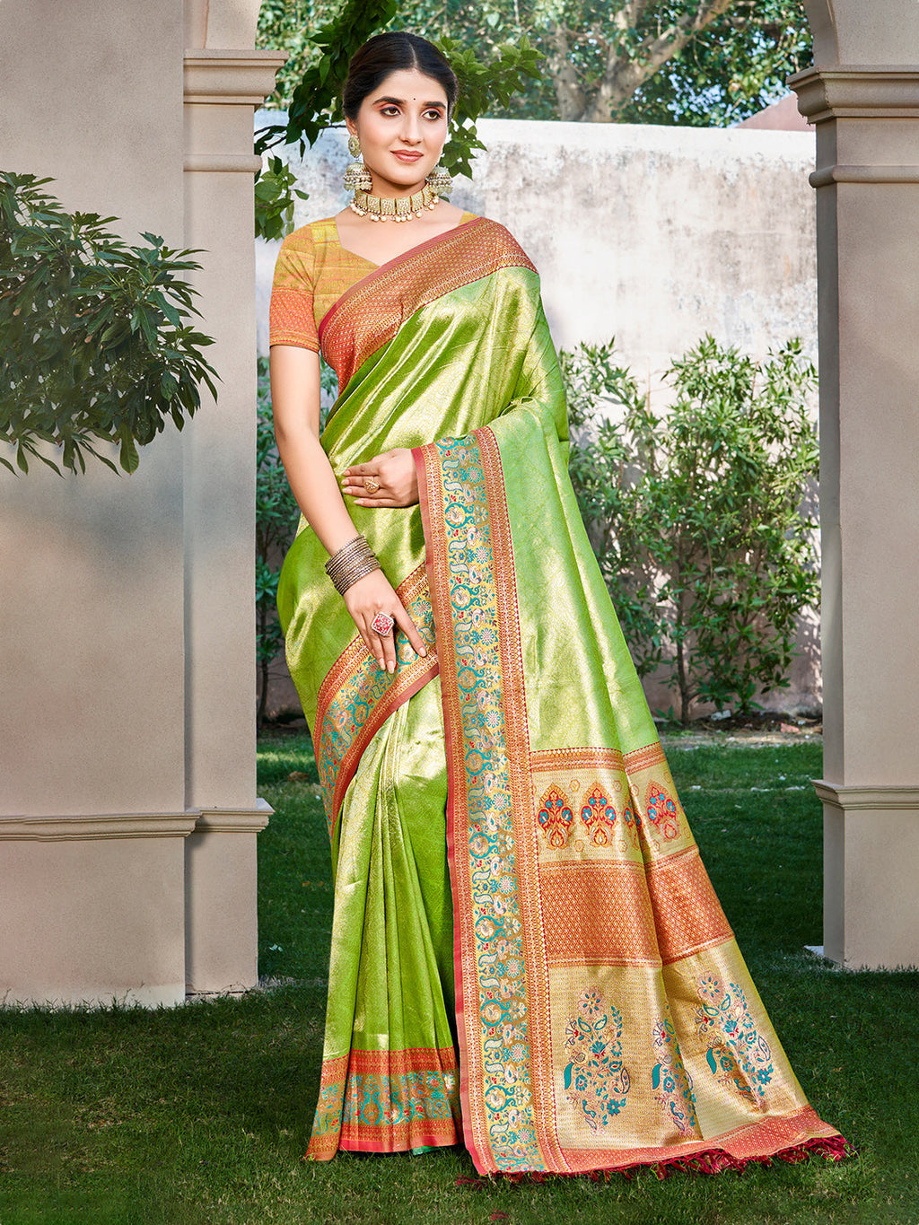 Sangam Prints Green Kanjivaram Silk Woven Work Traditional Saree | Grocsy