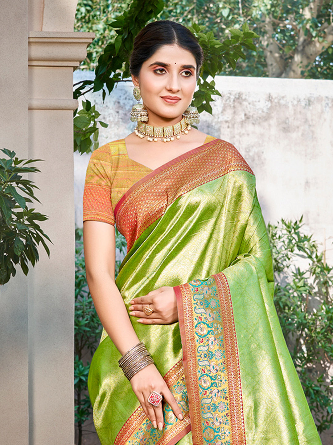 Sangam Prints Green Kanjivaram Silk Woven Work Traditional Saree | Grocsy