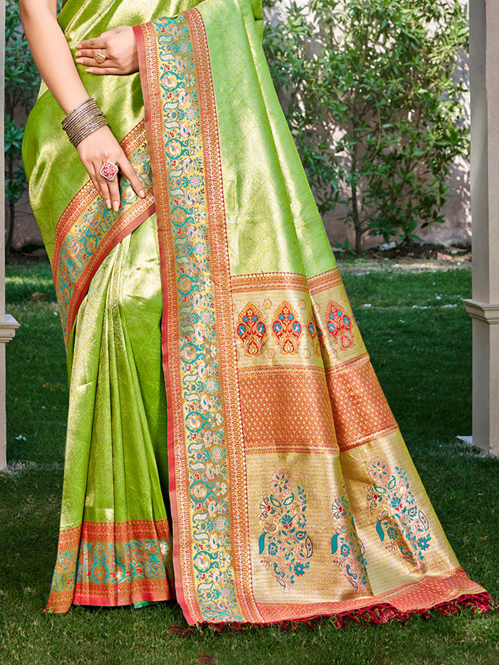 Sangam Prints Green Kanjivaram Silk Woven Work Traditional Saree | Grocsy