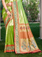 Sangam Prints Green Kanjivaram Silk Woven Work Traditional Saree | Grocsy