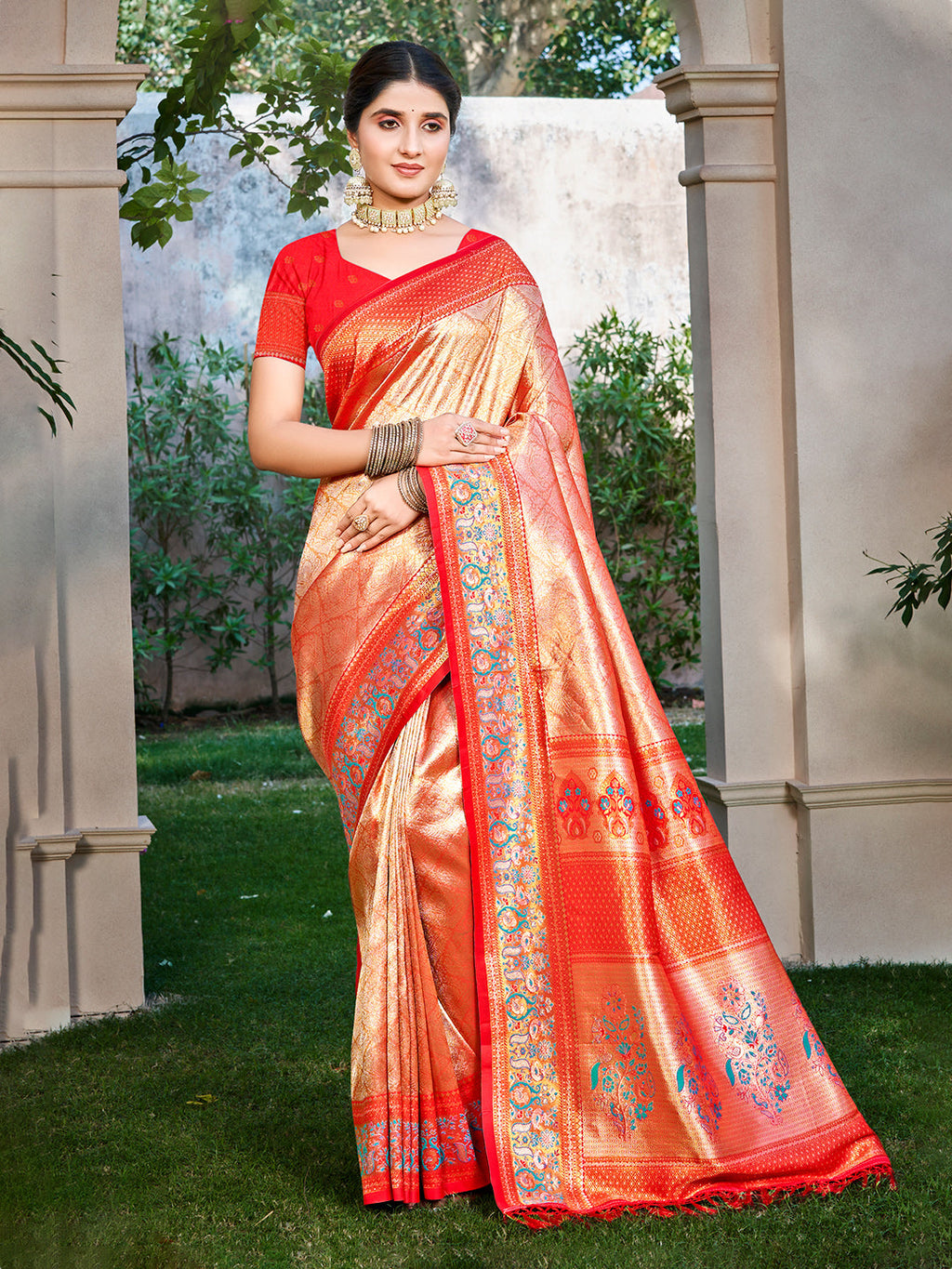 Sangam Prints Red Kanjivaram Silk Woven Work Traditional Saree | Grocsy
