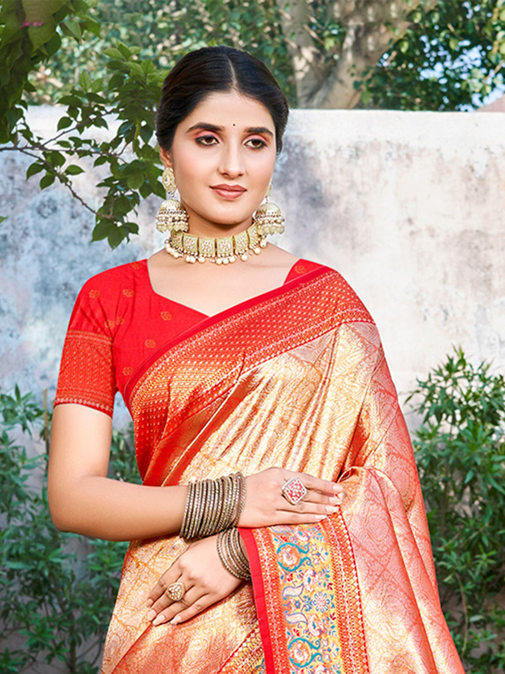 Sangam Prints Red Kanjivaram Silk Woven Work Traditional Saree | Grocsy