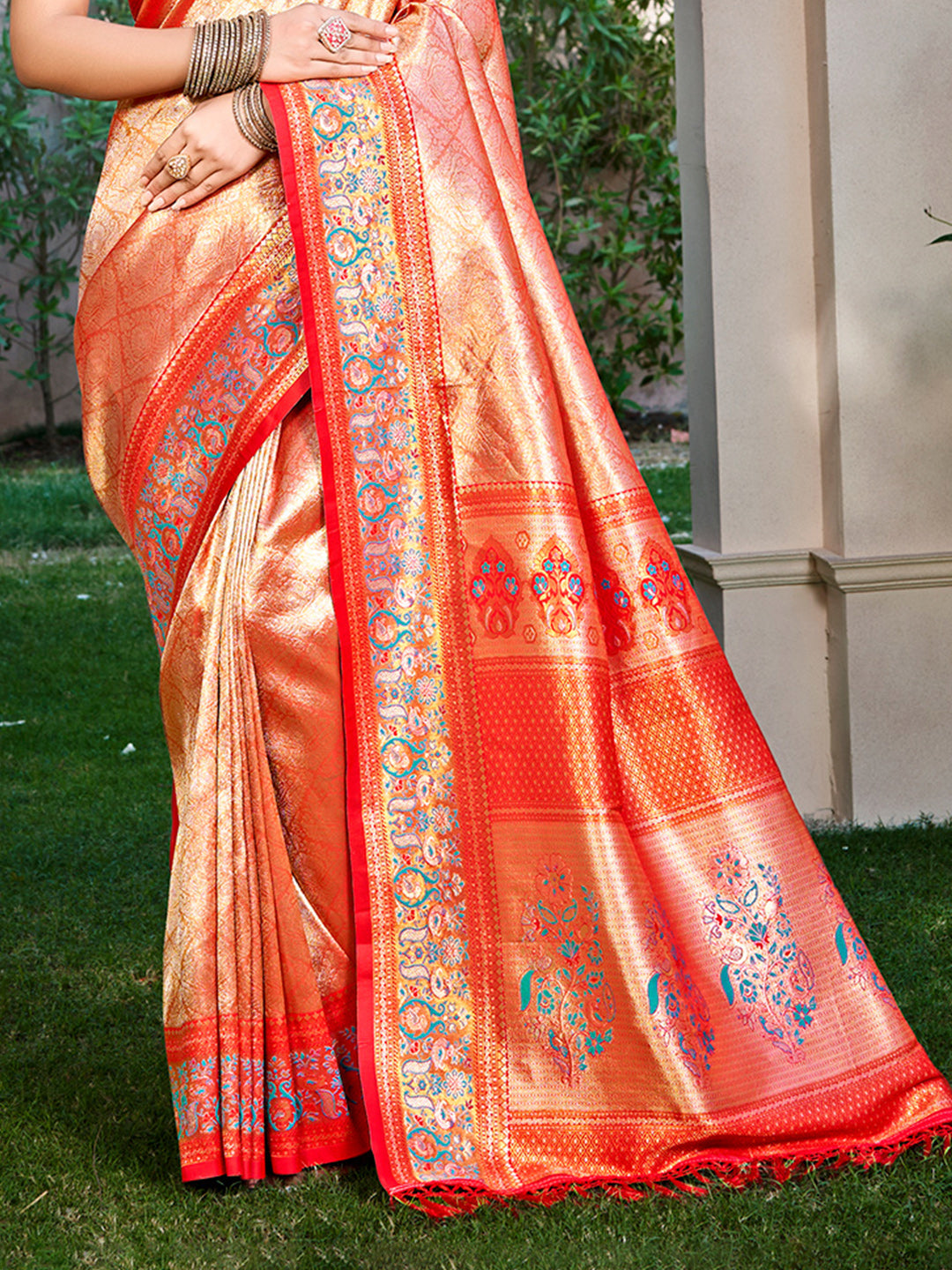 Sangam Prints Red Kanjivaram Silk Woven Work Traditional Saree | Grocsy