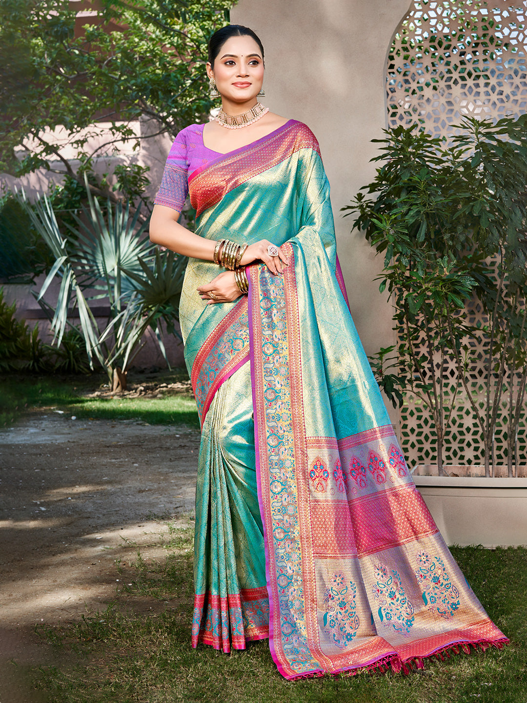 Sangam Prints Teal Kanjivaram Silk Woven Work Traditional Saree | Grocsy