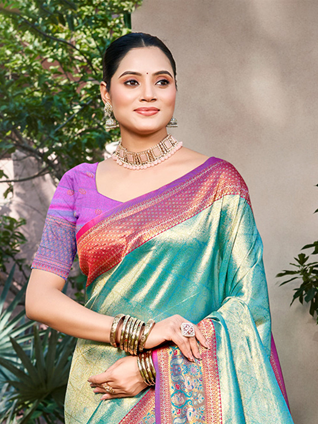 Sangam Prints Teal Kanjivaram Silk Woven Work Traditional Saree | Grocsy