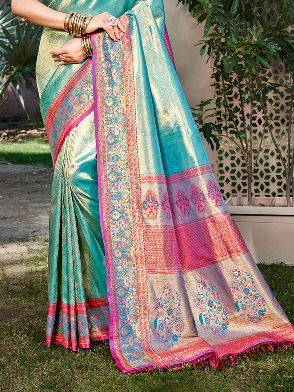 Sangam Prints Teal Kanjivaram Silk Woven Work Traditional Saree | Grocsy