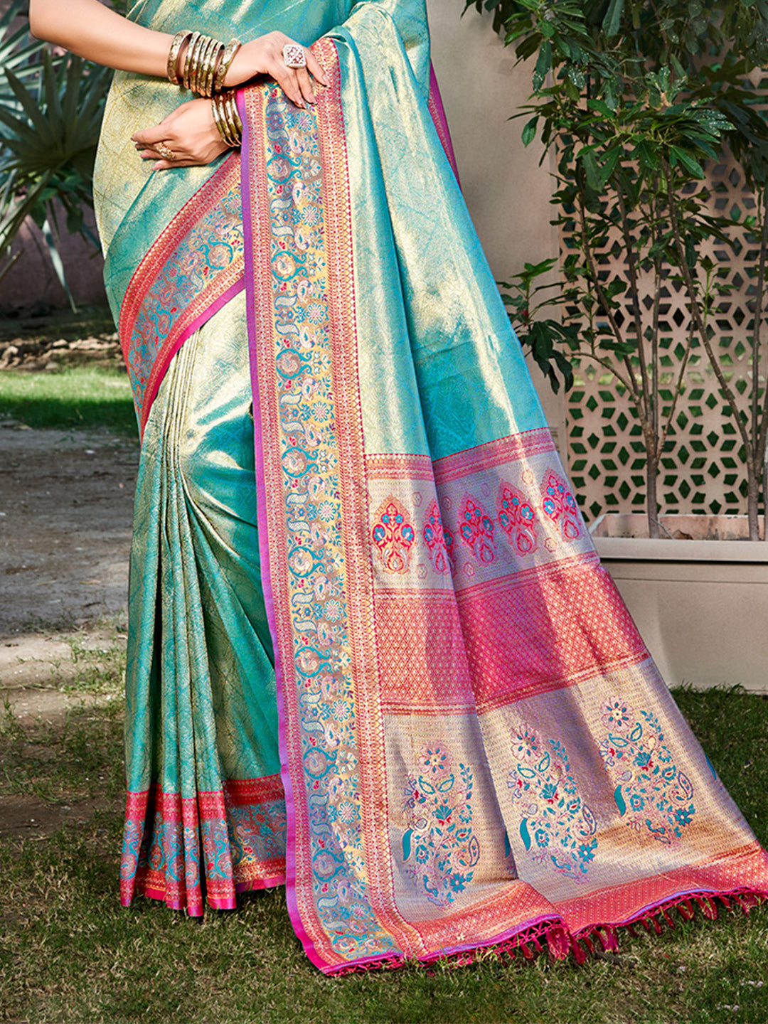 Sangam Prints Teal Kanjivaram Silk Woven Work Traditional Saree | Grocsy