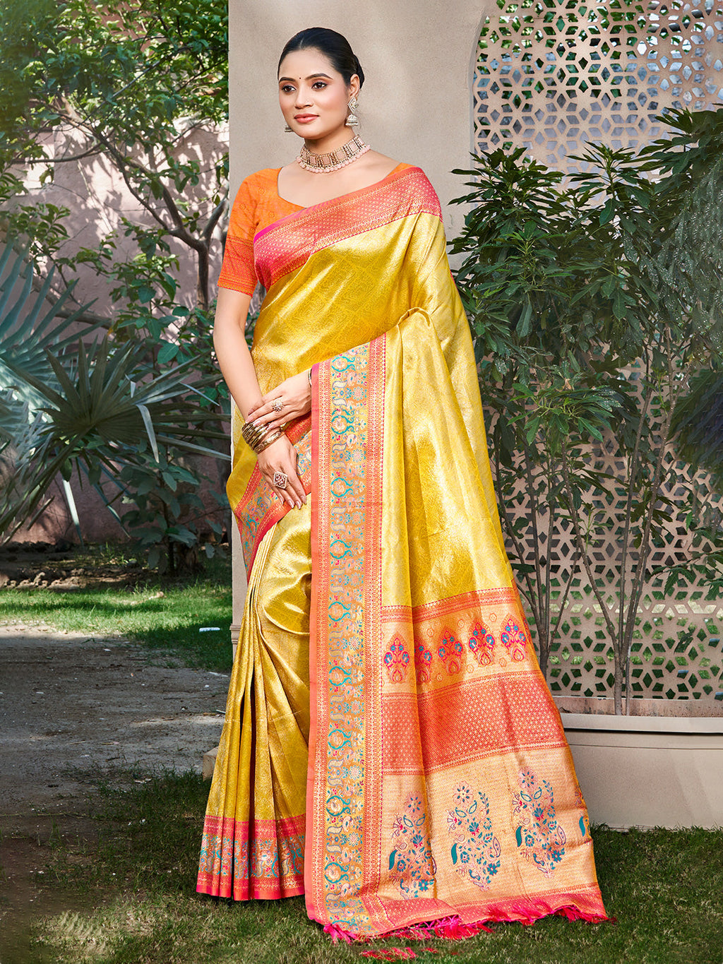 Sangam Prints Yellow Kanjivaram Silk Woven Work Traditional Saree | Grocsy