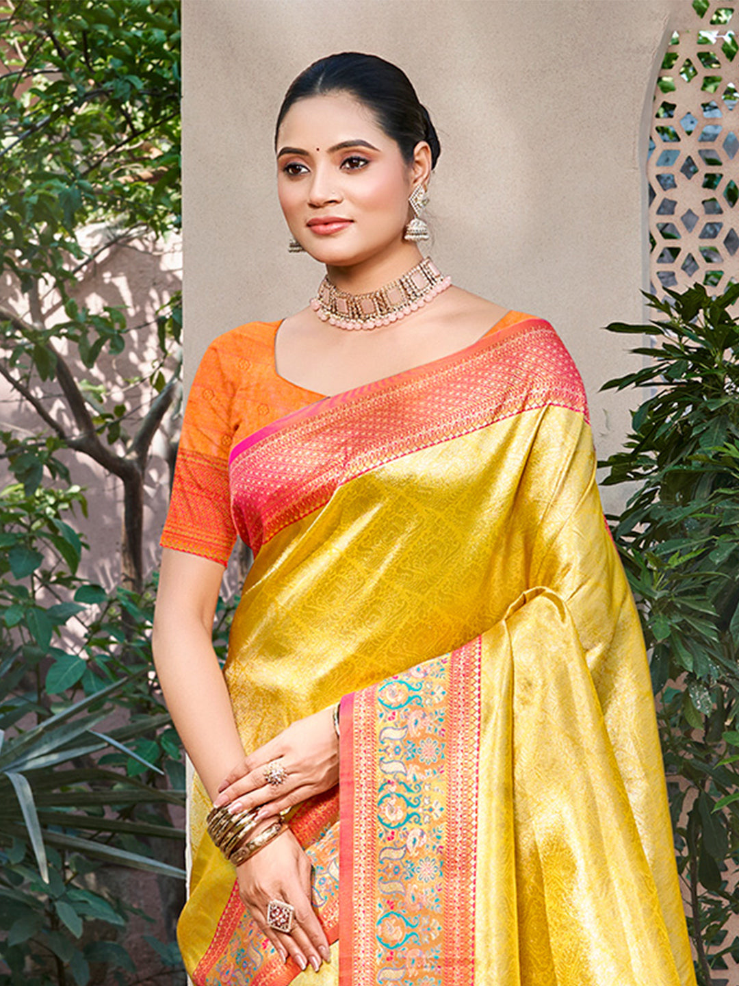 Sangam Prints Yellow Kanjivaram Silk Woven Work Traditional Saree | Grocsy