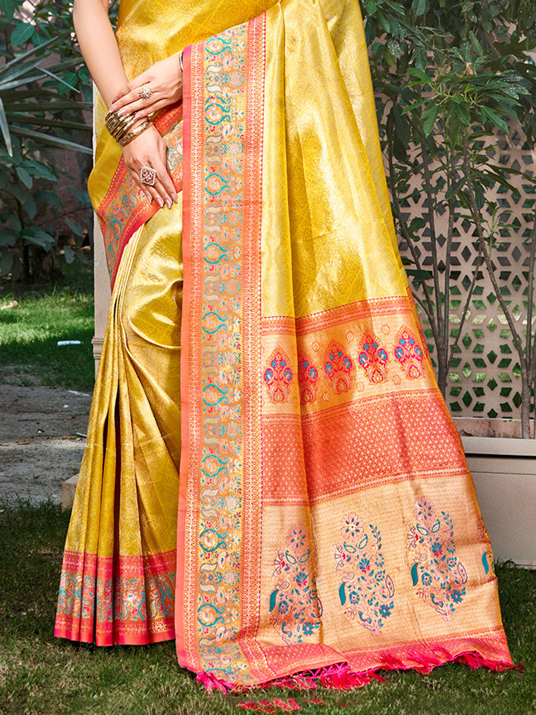 Sangam Prints Yellow Kanjivaram Silk Woven Work Traditional Saree | Grocsy
