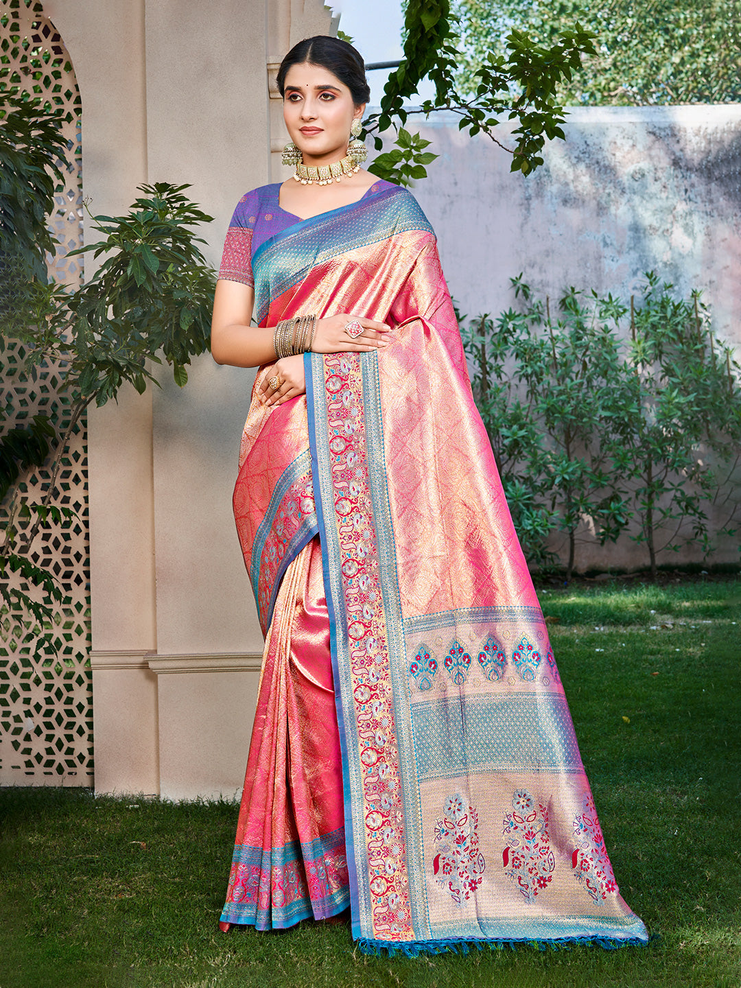 Sangam Prints Pink Kanjivaram Silk Woven Work Traditional Saree | Grocsy