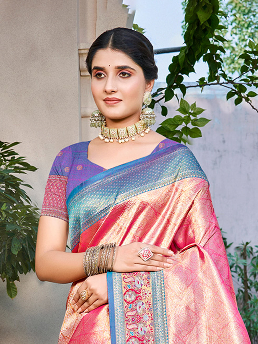 Sangam Prints Pink Kanjivaram Silk Woven Work Traditional Saree | Grocsy