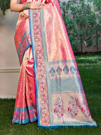 Sangam Prints Pink Kanjivaram Silk Woven Work Traditional Saree | Grocsy