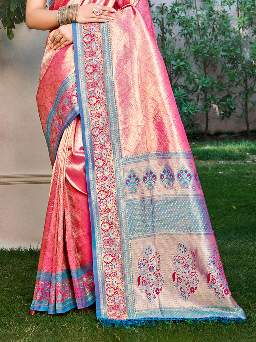Sangam Prints Pink Kanjivaram Silk Woven Work Traditional Saree | Grocsy